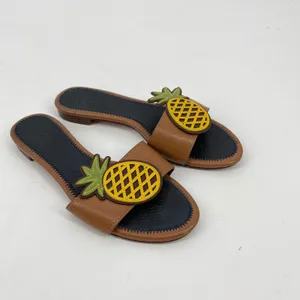 Tory Burch Brown Leather Pineapple Slide Sandals Size 5.5 Tropical Resort Luxury thumbnail 2