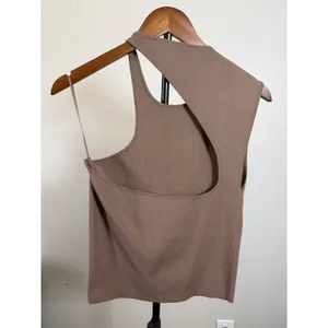 Zara Womens Asymmetric Cutout Ribbed Knit Top Taupe Brown Large thumbnail 5