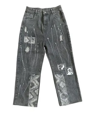 No Brand - Method To The Madness Printed Graffiti Jeans in Gray & White thumbnail 1