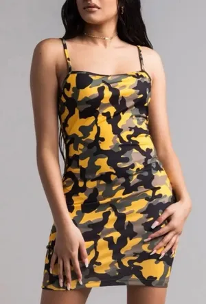 Akira Chicago Black Label Yellow Camo Bodycon Mini Dress thumbnail 1