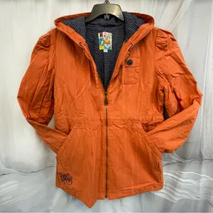 Y2K Utility Cargo Pinstripe Zip Up Roxy Orange Hooded Jacket Embroidered thumbnail 1
