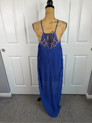 Arden B XS Cobalt Blue Beaded Pleated High Low Maxi Dress Y2K thumbnail 7