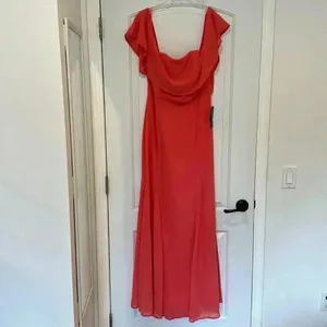 NWT Lulus All My Heart Coral Pink Off-the-Shoulder Maxi Dress Chiffon Sz L thumbnail 6