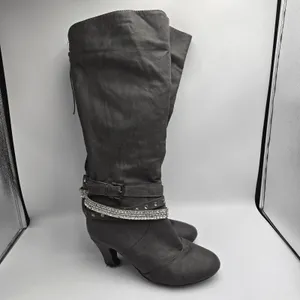 Vanity Gray Studded Rhinestone Knee High Boots Heeled Size 8.5 Alla VT thumbnail 4
