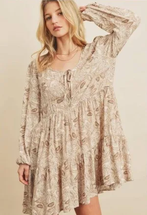 Bohme Womens Paisley Tiered Babydoll Mini‎ Dress Tan Brown V-Neck Rayon FD6018 M thumbnail 1