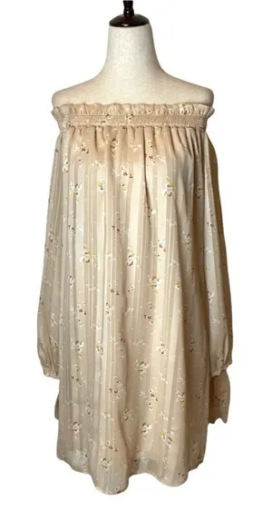 Wayf Dress Women Large Cream‎ Off The Shoulder Long Sleeve Floral Flowy Tunic thumbnail 1