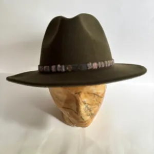 Wide Brim Felt Fedora Hat in Olive Green with Beaded Band thumbnail 2