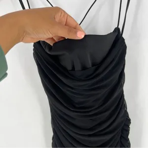 Windsor LBD Black Sheer Mesh Ruched Gathered Strappy Cowl Neck Mini Dress‎ thumbnail 3