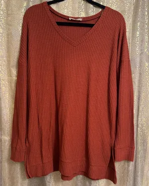 Zenana Burnt Orange Waffle Knit Long Relaxed V Neck Tunic Top Med/Large thumbnail 1
