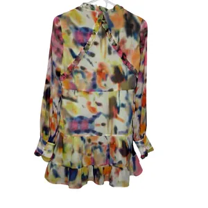 ✨🎨 ALEXIS Multicolor Abstract Ruffle Peplum V-Neck Mini‎ Dress XS 🎨✨ thumbnail 2