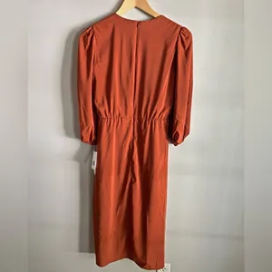 Rust Ruched Cocktail Midi Dress Puff Sleeve Wedding Guest Size 4 thumbnail 8
