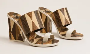 Tory Burch Geometric Marquetry Block Heel Sandals Brown White Leather 7.5M thumbnail 1