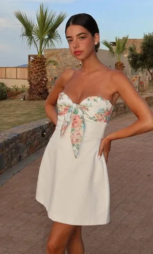 ZARA Floral White Strapless Dress thumbnail 1