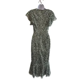 NWT $398 Mac Duggal Sequin‎ Midi Dress 2 Sage Green Flutter Sleeve Trumpet 10801 thumbnail 6