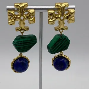 Tory Burch Roxanne double drop earrings with green malachite and resin. New thumbnail 1