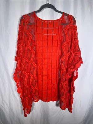 Free People Womens Sunshine Crochet Kaftan Poncho Coverup Red One Size Fits All thumbnail 1