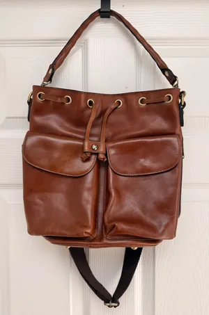 Patricia Nash‎ Alma Bucket Bag Brown Leather Drawstring Crossbody Pockets Cognac thumbnail 1