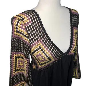 ASOS Design Crochet Granny Square Black Mini Dress Open Back Sz 6 Boho Festival thumbnail 3