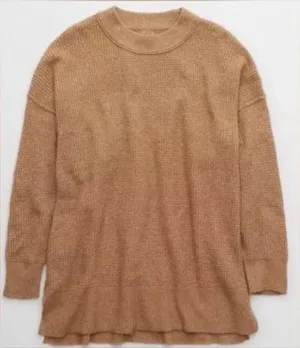 Aerie Oversized Waffle Crew Sweater, Tan/Camel, Size S, EUC thumbnail 1