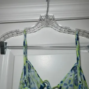 Aerie Blue Lime Green Floral Tie Front Smocked Back Cami Mini Dress Large beach thumbnail 5