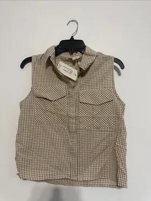 Sim & Sam Sleeveless Gingham Button Front Top in Beige thumbnail 2
