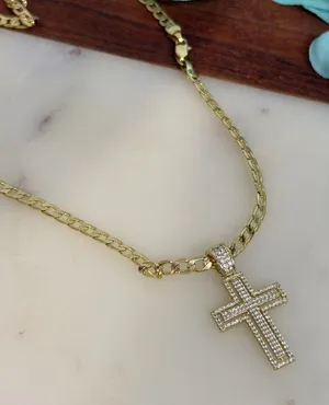 14K Gold Plated XP Unisex Chain Necklace Cross‎ Pendant 18in Curb Link thumbnail 1