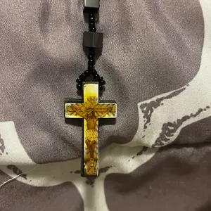 Black Beaded Rosary Necklace with Gold Cross thumbnail 5