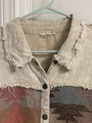 Southwestern Pattern Button-Up Shirt Jacket in Cream, Blue & Brown thumbnail 3