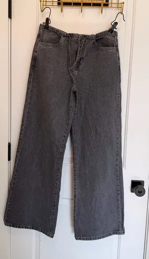 Women's Washed Grey Drawstring Waist Wide Leg Jeans thumbnail 1