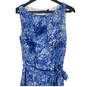 Lauren Ralph Lauren Blue Floral Sheer Lined Tie Waist Pleated Sleeveless Dress 2 thumbnail 6