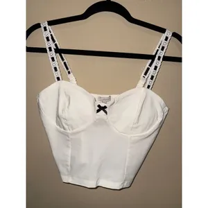 Blush Coquette White Bustier Crop Top Black Bow Eyelet Ribbon Corset Style L‎ Y2K Chic thumbnail 3