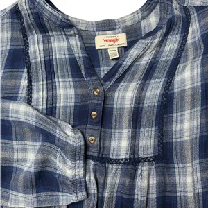 Wrangler Blue White Black Plaid Pintuck Blouse Western Boho Size Medium thumbnail 9