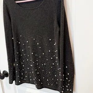 Womens Cashmere Beaded Sweater Medium Old Money Luxury Event Holiday Gray thumbnail 3