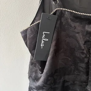 NWT Lulus Sleek Elegance Black Satin Floral Jacquard Rhinestone Mini Dress M thumbnail 6