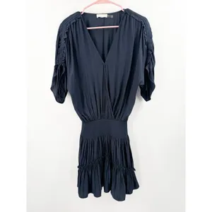 Ramy Brook Tilda Dress Women’s Size XXS Crossover Mini Ruffle Smocked navy blue thumbnail 3