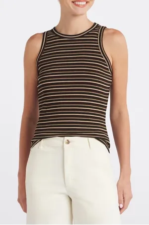 Staccato Striped Ribbed Sleeveless Tank in Brown and Cream thumbnail 1
