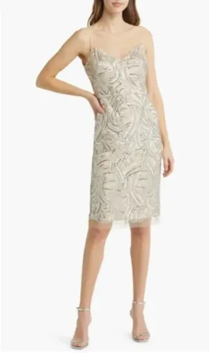 Vince Camuto Illusion Lace Yoke Sleeveless Champagne Sequin Sheath Dress Size 6 thumbnail 1