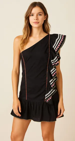 Love Shack Fancy Black 100% Cotton One Shoulder Ruffle Dress sz 2 Mexican Fiesta thumbnail 1
