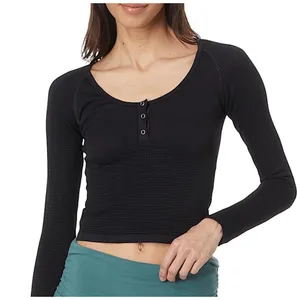 FP‎ Movement Free People Bail Out Long Sleeve Henley Open Back Top Black M/L thumbnail 1