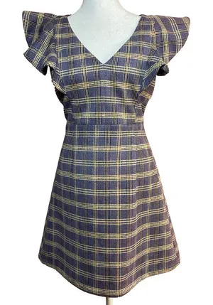 Altar'd State Size Medium Soft Dress Flutter Sleeves Stretch Plaid Blue‎ V Neck thumbnail 1