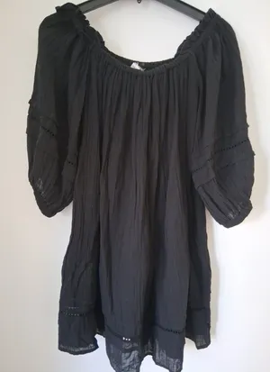 ELAN Black Off Shoulder Mini Dress Ballooo Sleeve Tunic size S 100% Cotton Gauze thumbnail 1