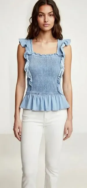 Old navy light wash smocked square neck flutter sleeve peplum top Large #741 thumbnail 1