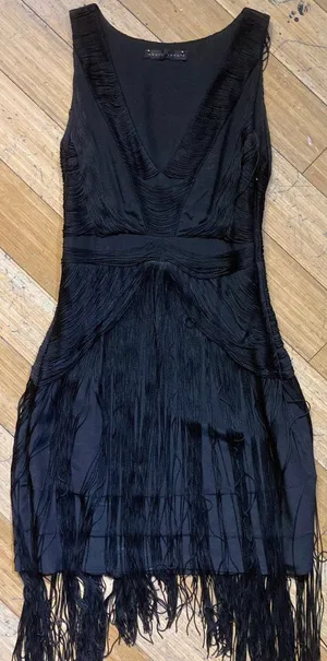 Sheri Bodell Art Deco Flapper Fringe Bodycon Cocktail Sexy Black Mini Dress XS thumbnail 1