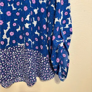 Elle Blue Floral Boho Blouse XL Tie Neck Long Sleeve thumbnail 8