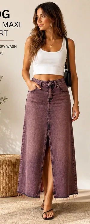 BDG Denim Maxi Skirt Mauve Berry Wash High Waist Front Slit Raw Hem XS thumbnail 1