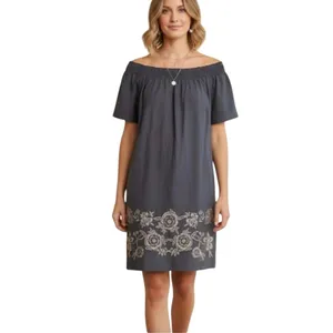 Talbots Chambray Off The Shoulder Shift Dress Embroidered Floral Smocked size 16 thumbnail 9