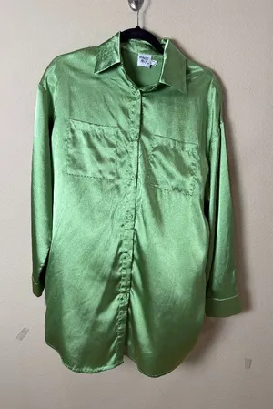 Princess Polly Oversized Satin Button Down Shirt Top Blouse Green Size Small / 2 thumbnail 1