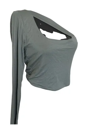 GARAGE Chinois Green Cutout One‎ Shoulder Long Sleeve Crop Top Shirt M thumbnail 1