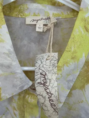 Mystree Yellow Gray Watercolor Pleated Sheer Button-Down Bubble Sleeve Top NWT L thumbnail 3