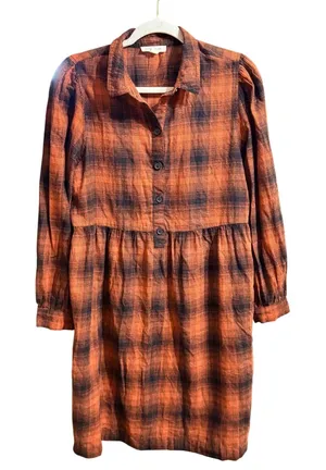 Autumn Inspired Burnt Orange Navy Plaid Button Front Empire Waist Shirt Dress M thumbnail 1